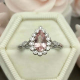 2ct Engagement Ring Pear Cut Morganite Leaf Inspired Halo 14k White Gold Finish