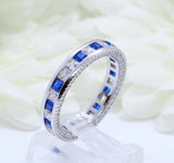 2ct Princess Blue Sapphire Wedding Band Milgrain Channel Set 14k White Gold Over