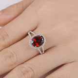 2.3ct Oval Cut Red Garnet Engagement Ring Halo Split Shank 14k White Gold Finish