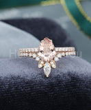 2ct Pear Cut Simulated Peach Morganite Curved Bridal Set 14k Rose Gold Plated