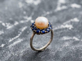 2.1ct Pearl Halo Round Blue Sapphire Engagement Ring 14k White Gold Finish