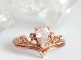 1.5ct Pear Cut Peach Morganite Crown Tiara Bridal Set Ring 14k Rose Gold Finish