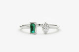 0.5ct Baguette Cut Green Emerald Two Stone Minimalist Ring 14k White Gold Finish