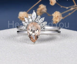 2ct Pear Cut Simulated Peach Morganite Crown Bridal Set 14k White Gold Plated