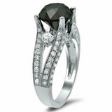 3.5ct Round Cut Black Diamond Split Shank Engagement Ring 14K White Gold Finish