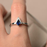 0.5ct Engagement Ring Kite Cut Blue Sapphire V Shape Crown 14k White Gold Finish