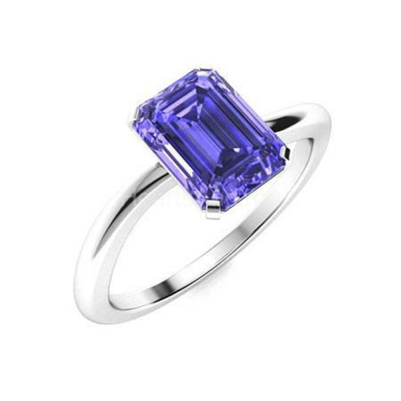 1ct Emerald Cut Simulated Blue Tanzanite Solitaire Ring 14k White Gold Plated