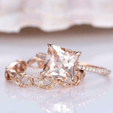 2.5ct Princess Cut Peach Morganite Bridal Set Engagement Ring 14k Rose Gold Over