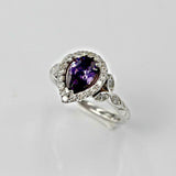2ct Pear Cut Purple Amethyst Engagement Ring Halo Floral 14k White Gold Finish