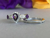 2.4ct Pear Cut Purple Amethyst Bridal Set Engagement Ring 14k White Gold Finish