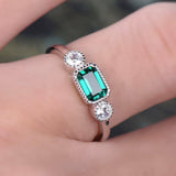 1Ct Green Emerald Milgrain Trilogy Solitaire Engagement Ring 14K White Gold Over