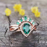 2.3ct Engagement Ring Pear Cut Emerald Crown Tiara Bridal Set 14k Rose Gold Over