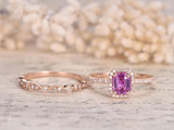 2ct Emerald Cut Pink Sapphire Engagement Ring Halo Bridal Set 14k Rose Gold Over
