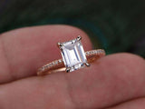 1.5ct Emerald Diamond Engagement Ring Solitaire with Accent 14k Rose Gold Finish