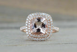 2.5ct Cushion Cut Peach Morganite Double Halo Engagement Ring 14k Rose Gold Over