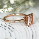 3.5Ct Emerald Cut Morganite Diamond Collar Engagement Ring 14K Rose Gold Finish
