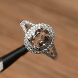 2.7ct Engagement Ring Oval Morganite Split Shank Dual Halo 14k White Gold Finish