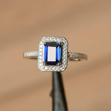 2.3ct Emerald Cut Blue Sapphire Diamond Accent Halo Ring 14k White Gold Finish