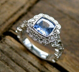 2Ct Cushion Cut Blue Topaz Vintage Halo Engagement Ring 14K White Gold Finish
