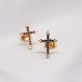 1ct Round Cut Black Diamond Cross Design Stud Earrings Women 14k RoseGold Finish