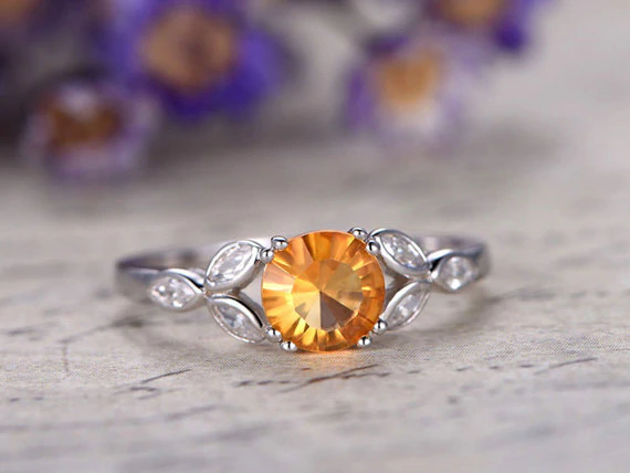 1.5ct Round Cut Yellow Citrine Engagement Ring Floral Leaf 14k White Gold Finish