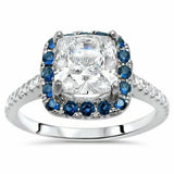 4Ct Cushion Cut Diamond Blue Sapphire Halo Engagement Ring 14K White Gold Finish