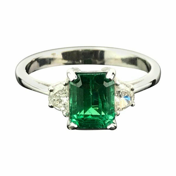 2.6ct Green Emerald Cut Engagement Ring Diamond Trilogy 14k White Gold Finish
