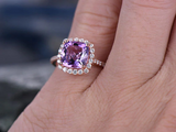 2.4ct Cushion Cut Purple Amethyst Engagement Ring Halo 14k Rose Gold Finish