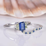 1.9ct Emerald Cut Blue Sapphire Bridal Set Engagement Ring 14k White Gold Finish