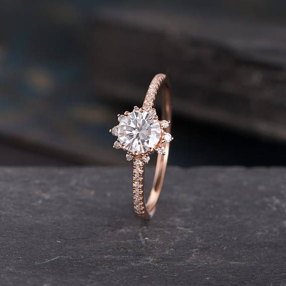 0.75ct Round Cut Diamond Engagement Ring Accents Halo 14k Rose Gold Finish