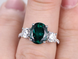 2ct Oval Green Emerald Engagement Ring Round Accents Trilogy 14k White Gold Over