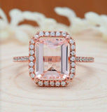 2.3ct Emerald Peach Morganite Engagement Ring Diamond Halo 14k Rose Gold Finish