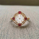 2.5ct Round Cut Diamond Ruby Vintage Halo Engagement Ring 14K Yellow Gold Finish