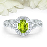 2ct Oval Cut Green Peridot Engagement Ring Twist Shank Halo 14k WhiteGold Finish