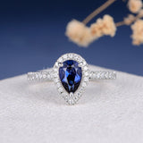 2.2ct Pear Cut Simulated Sapphire Pave Halo Engage Ring 14k White Gold Plated