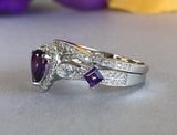 1.9ct Pear Cut Purple Amethyst Bridal Set Engagement Ring 14k White Gold Finish