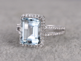 3ct Emerald Cut Blue Aquamarine Diamond Halo Split Shank Ring 14k WhiteGold Over