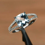2.2ct Engagement Ring Cushion Cut Blue Aquamarine Split Shank 14k WhiteGold Over