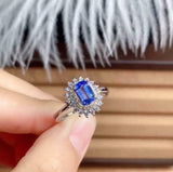 2.2ct Engagement Ring Emerald Cut Blue Tanzanite Cluster Halo 14k WhiteGold Over
