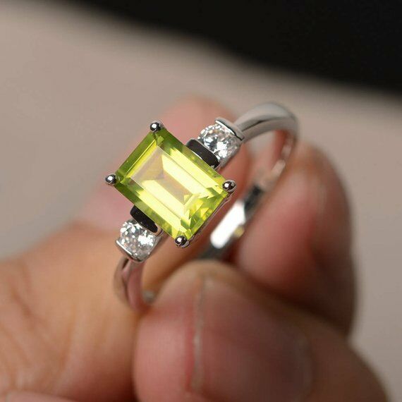 1.2ct Emerald Cut Green Peridot Engagement Ring 14k White Gold Finish Trilogy
