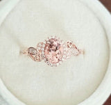 1ct Oval Cut Simulated Peach Morganite Floral Leaf Halo Ring 14k RoseGold Plated