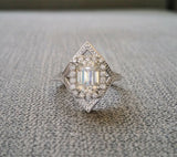 2Ct Emerald Cut Diamond Rhombus Vintage Halo Engagement Ring 14K White Gold Over
