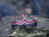 3Ct Round Cut Pink Blue Sapphire Queen Crown Engagement Ring 14K White Gold Over