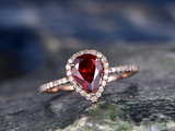1.4ct Pear Cut Red Garnet Engagement Ring Solitaire Halo 14k Rose Gold Finish