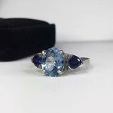 2.2ct Engagement Ring Oval Cut Blue Topaz Sapphire Trilogy 14k White Gold Finish