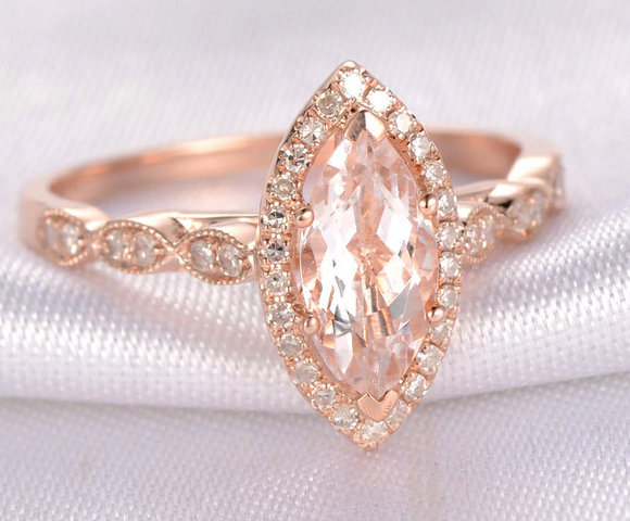 2.5ct Marquise Cut Morganite Diamond Halo Milgrain Ring 14k Rose Gold Finish
