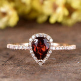 1ct Pear Cut Red Garnet Halo Engagement Ring 14k RoseGold Over with Round Accent