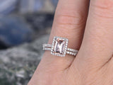 2.2Ct Emerald Cut Peach Morganite Bridal Set Engagement Ring 18K White Gold Over