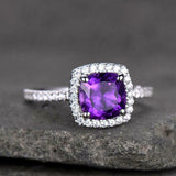 2.2ct Engagement Ring Cushion Cut Purple Amethyst Halo 14k White Gold Finish