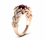 2.5ct Round Cut Red Garnet Flower Leaves Engagement Ring 14k Rose Gold Finish